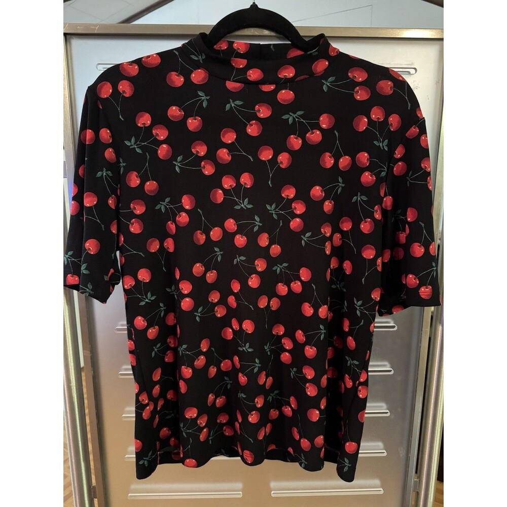 Forever 21+ Black Cherry Print Mock Neck Short Sleeve Pullover Top Plus 1X